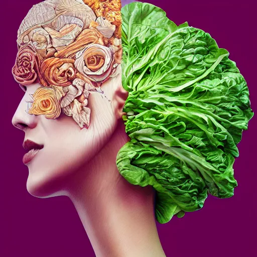 Image similar to the anatomy of a head of lettuce that looks like a beautiful woman, an ultrafine detailed painting by james jean, intricate linework, bright colors, final fantasy, behance contest winner, vanitas, angular, altermodern, unreal engine