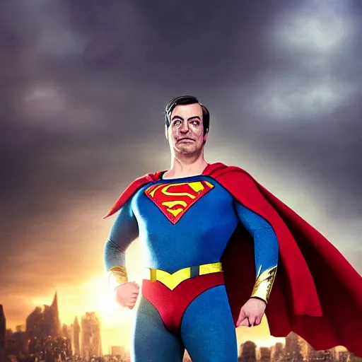 Prompt: Portrait of Nigel Farage as superman, heroic, amazing splashscreen artwork, splash art, head slightly tilted, natural light, elegant, intricate, fantasy, atmospheric lighting, cinematic, matte painting, detailed face, by Greg rutkowski