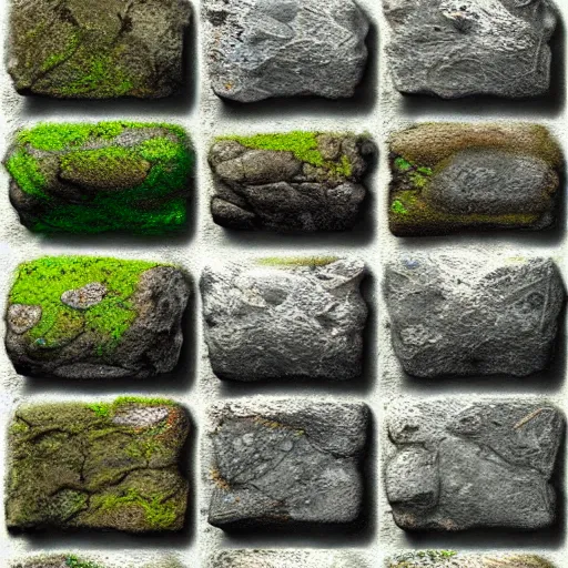 Image similar to digital hand painted tiles textures of a rock bricks with moss, digital art, fantasy, behance, pinterest, deviantart, artstation, design, rpg, detailed, digital art, incredible, digital painting