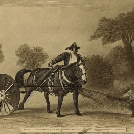 Prompt: a horse pulling a canon. the canon is harnessed to the horse and towed. the canon has a long barrel
