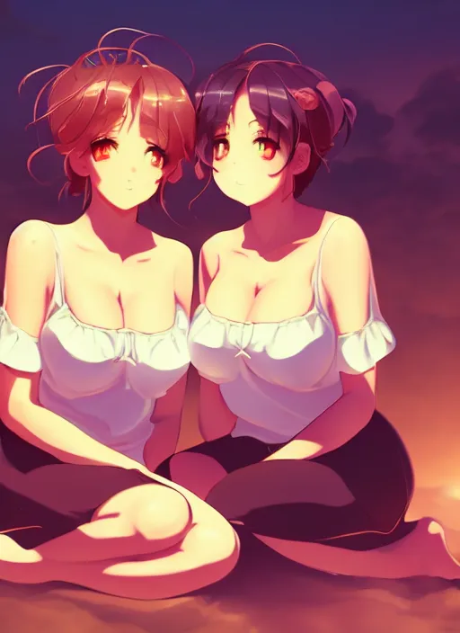 Image similar to two beautiful mothers sitting on a hot summer evening, gorgeous faces, thick lines, cinematic lighting, detailed anime art