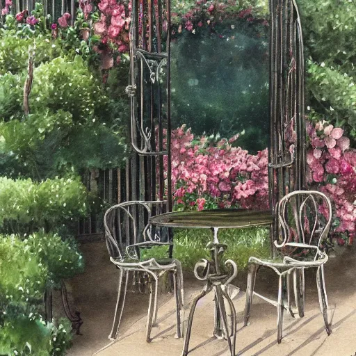 Prompt: delicate, chairs, garden, paved, botanic watercolors oils, iridescent, 8 k, realistic shaded, fine details, artstation, italian, iron gate, tree, mediterranean