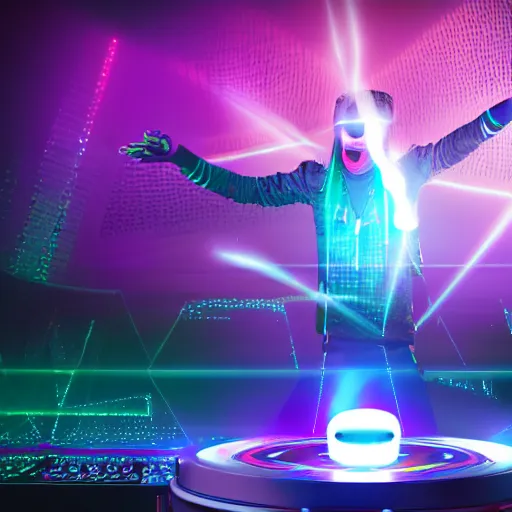 Prompt: futuristic DJ on stage in a cyberpunk, psychedelic effects and symmetric lights and smoke, opening a portal to another dimension, hyperrealistic, 8k