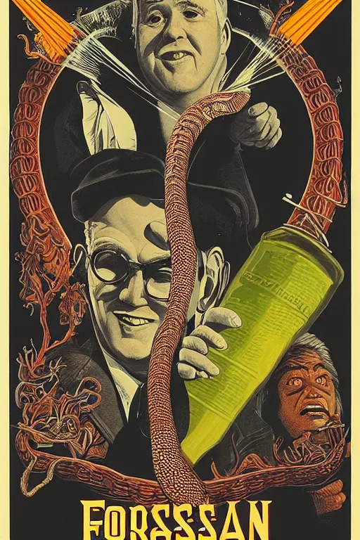 Image similar to poster for the 1 9 8 8 movie'formosan snake oil ', directed by jim jarmusch, starring john lithgow and uncle aloysius, poster by ed roth and basil wolverton ), crisp