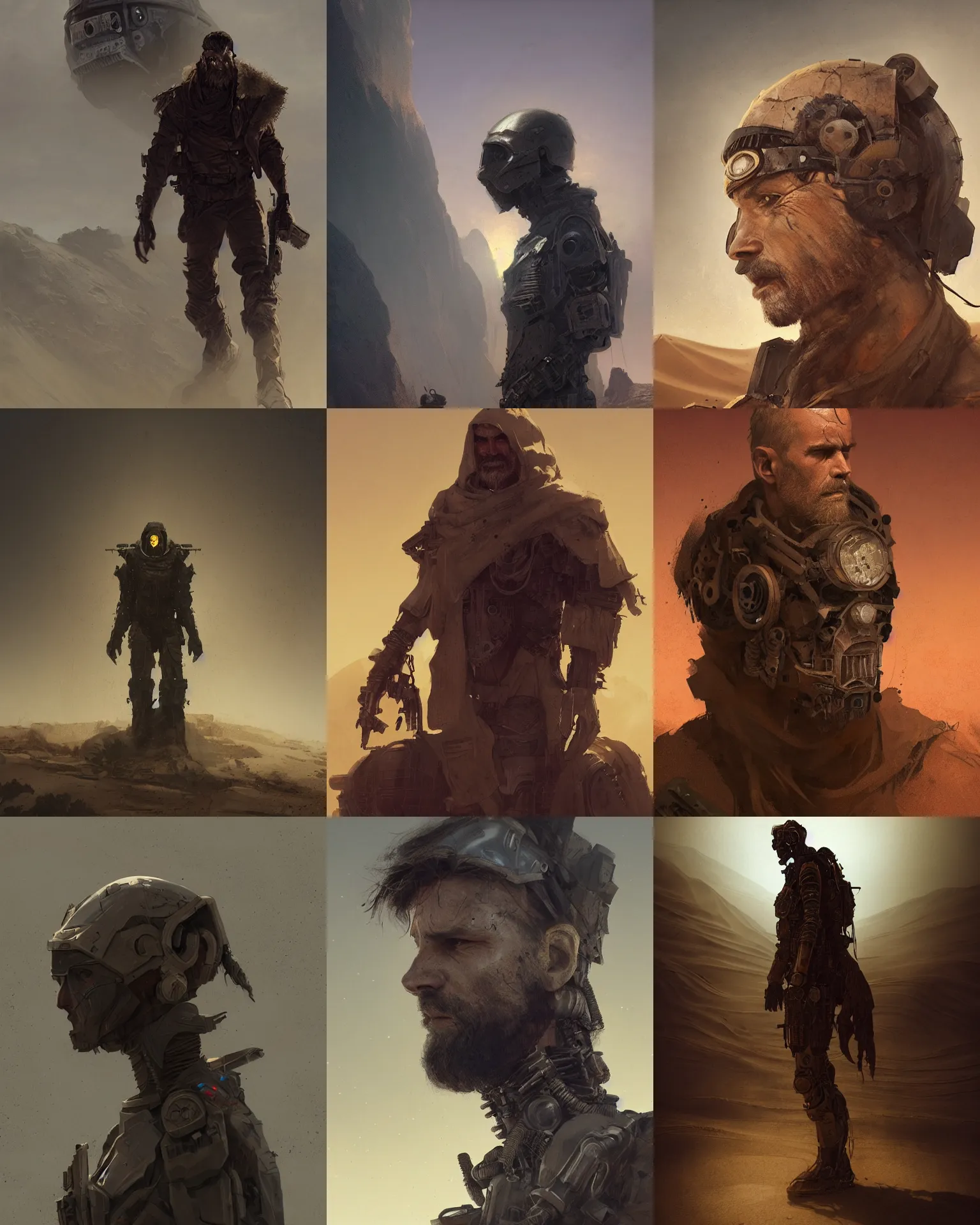 Prompt: a cloaked rugged mercenary man with lost in the desert, scifi character portrait by greg rutkowski, esuthio, craig mullins, fullbody portrait, cinematic lighting, dystopian scifi gear, gloomy, profile picture, mechanical, half robot, implants, steampunk