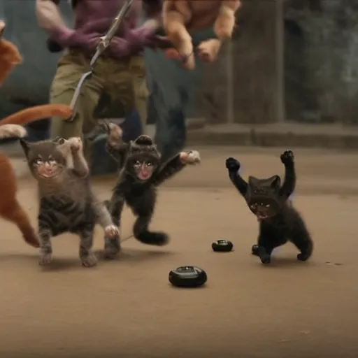 Image similar to a team of kitten superheroes fighting off a hoard of ninja monkeys, ultra realistic, cinematic, 8k, movie still