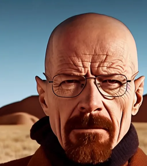 Image similar to walter white beatboxing in the desert, realistic, movie still, close up, dynamic