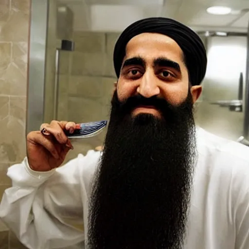 Image similar to osama bin laden shaving off his beard in a macdonalds washroom