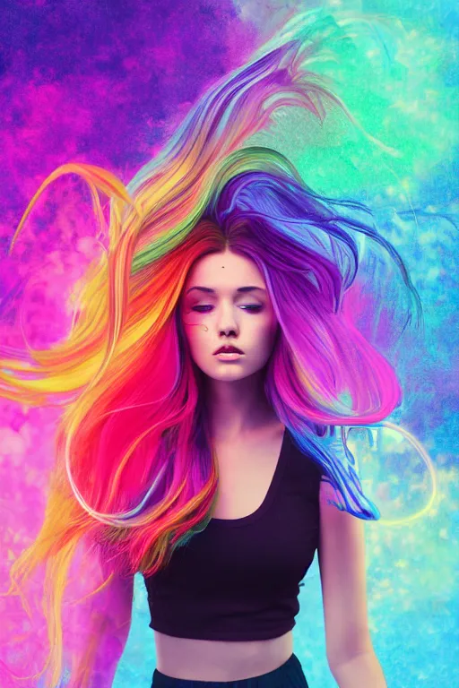 Image similar to a award winning half body portrait of a beautiful woman with stunning eyes in a croptop and cargo pants with rainbow colored ombre hairstyle head in motion and hair flying by thomas danthony, surrounded by whirling illuminated liquids, outrun, vaporware, shaded flat illustration, digital art, trending on artstation, highly detailed, fine detail, intricate