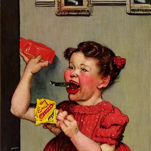 Image similar to An adorable happy woman chews on a candy as a liquid flows from her mouth. Norman Rockwell painting