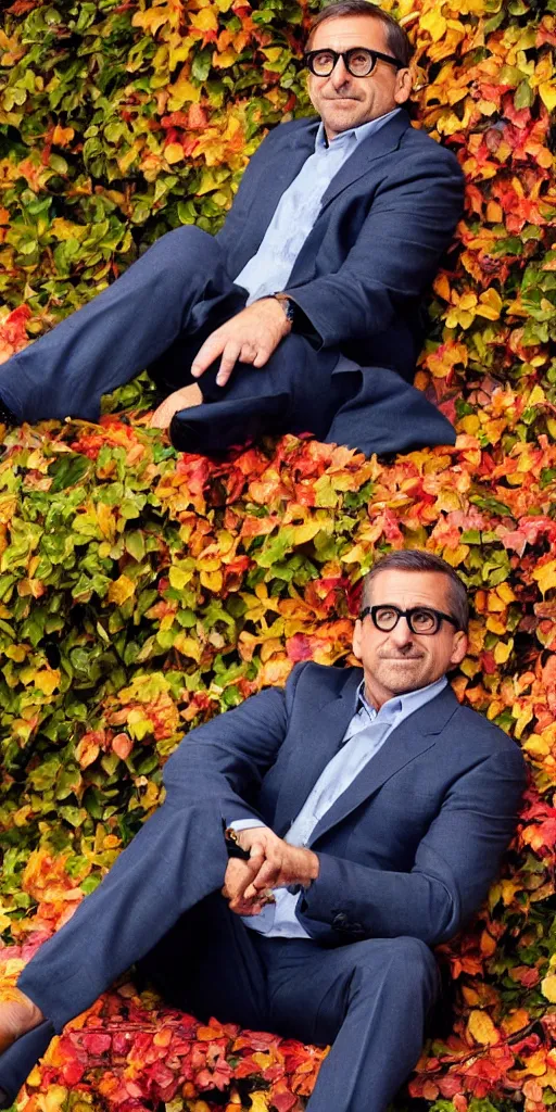 Image similar to Steve Carell is sitting relaxed on a sofa placed under colorful autumn tree