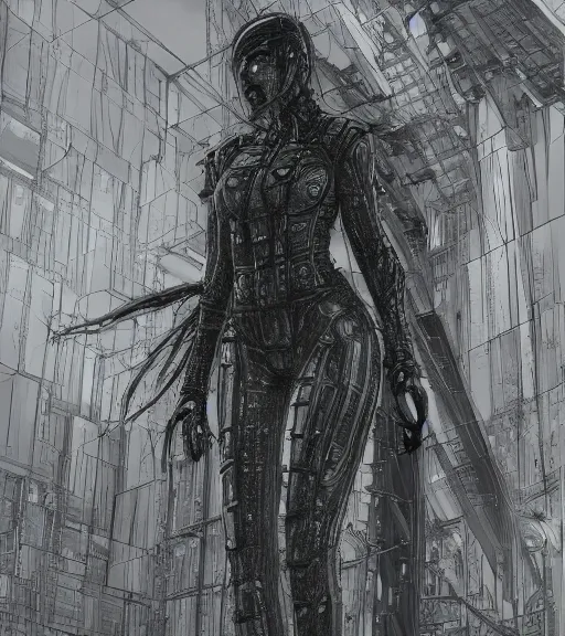 Image similar to andrei tarkovsky cyberpunk scene, epic ancient tower of babylon, woman in transparent cyber clothing, hyperrealistic, blame, manga style, drawing by tsutomu nihei, cyber world, concept art, hyper - detailed, smooth, masterpiece, epic, cinematic, high quality