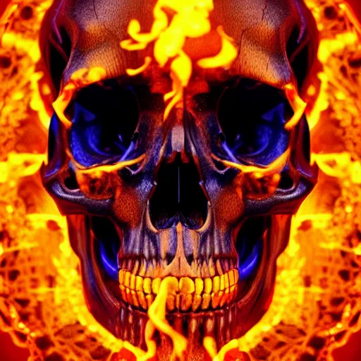 Image similar to a highly detailed human skull with intricate designs with fire for eyes on fire in front of a neon blue background, 3 d, colorful, octane render, symmetrical, hyper realism, highly detailed, digital art, artstation, concept art, cinematic lighting, strong bokeh, trending