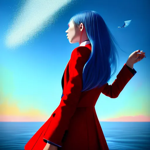 Prompt: giant droplets of water floating around a flying girl with wings, sky blue straight hair, low - angle shot from behind, red tailcoat, high collar, ultra fine detail, dark theme, digital painting, psychedelic, film still, cinematic, wlop, ilya kuvshinov, ross tran