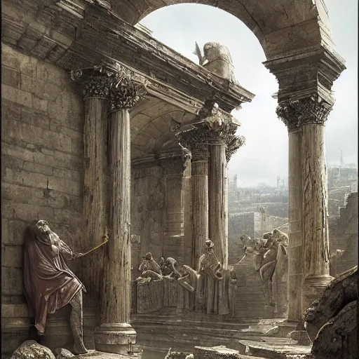 Image similar to the holy kingdom of Julius Caeser, roman historic works, ruins, silver and gold, hyperdetailed, artstation trending, world renowned artists, worth1000.com, historic artworks society, antique renewel, cgsociety, by greg rutkowski, by Gustave Dore, Deviantart