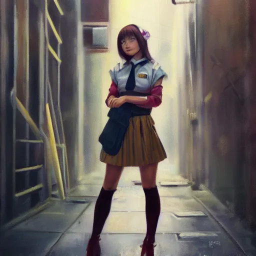 Image similar to a perfect, realistic professional 70s oil painting of a Japanese schoolgirl posing in a dystopian alleyway, style of Marvel, full length, by a professional American senior artist on ArtStation, a high-quality hollywood-style concept