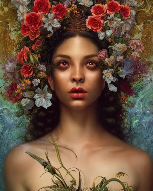 Image similar to portrait of the mulatto queen of the underworld, surrounded by flowers by karol bak, james jean, tom bagshaw, rococo, sharp focus, trending on artstation, cinematic lighting, hyper realism, octane render, 8 k, hyper detailed.