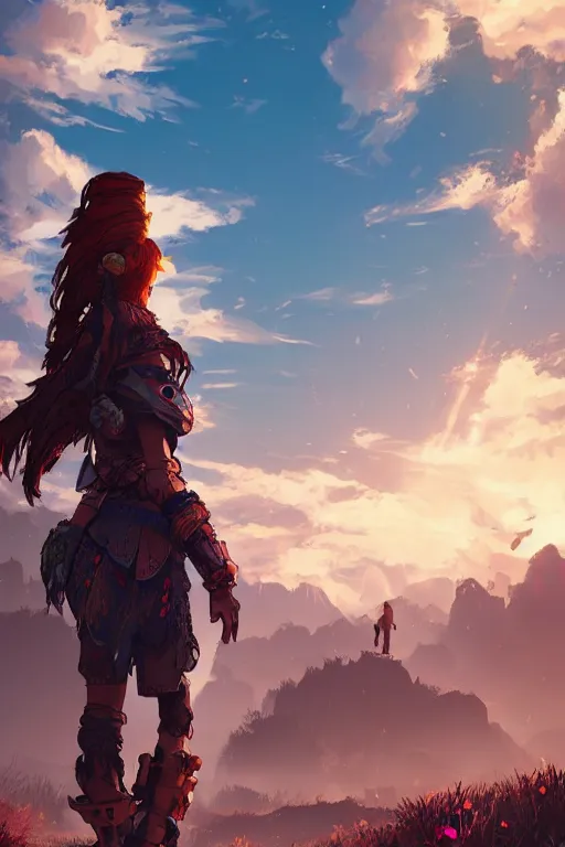 Image similar to combination suit armor aloy horizon forbidden west horizon zero dawn radiating a glowing aura global illumination ray tracing hdr fanart arstation by ian pesty and alena aenami artworks in 4 k tribal robot ninja mask helmet backpack