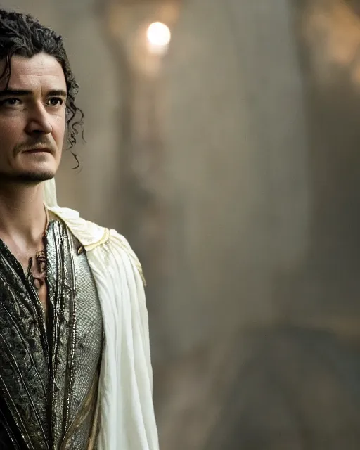 Image similar to Orlando Bloom in the role of galadriel, film still, high detail