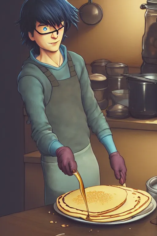 Prompt: mick cave making pancakes, animation pixar style, by pendleton ward, magali villeneuve, artgerm, rob rey and kentaro miura style, golden ratio, trending on art station