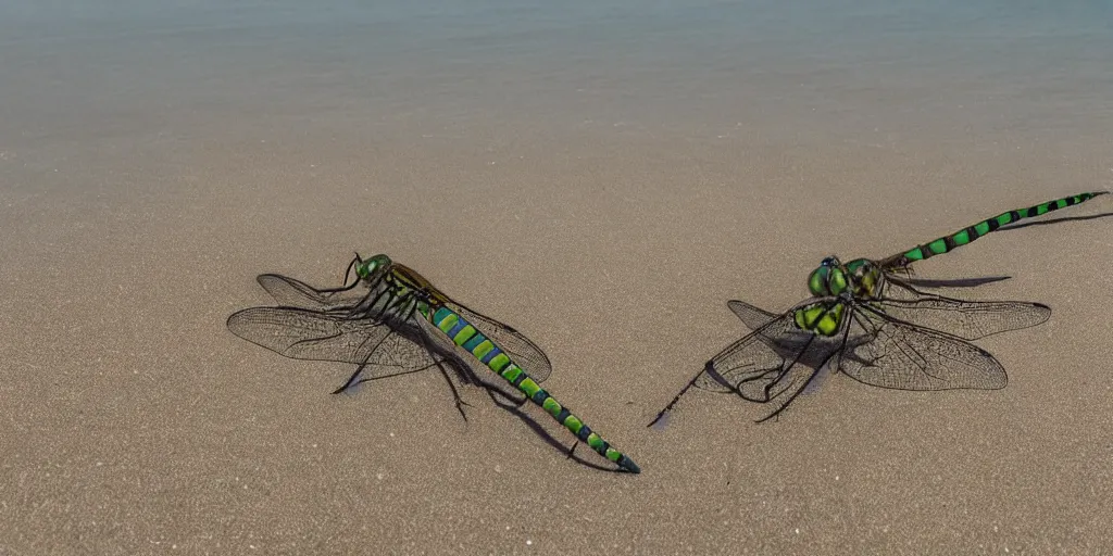 Prompt: deadly dangerous dragonfly on the sand beach in the last rays of evening sun trying to eat all of the peoples, high detailed scene from ridley scott movie