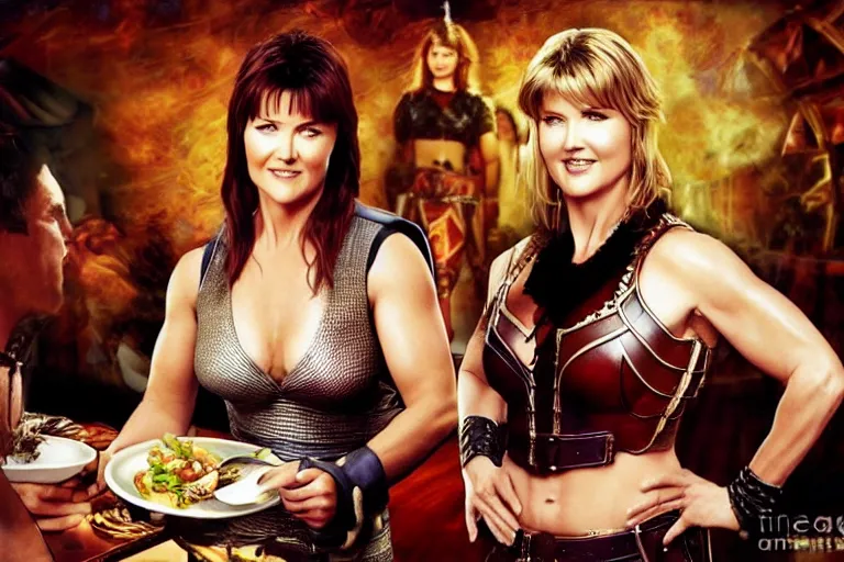 Prompt: lucy lawless, as xena warrior princes, s eating at a restaurant, with a handsome cuban man wearing a suit, digital art