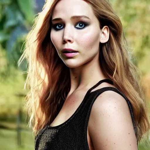 Image similar to a woman who is a genetic combination of jennifer lawrence and elizabeth olsen face and upper - body focus