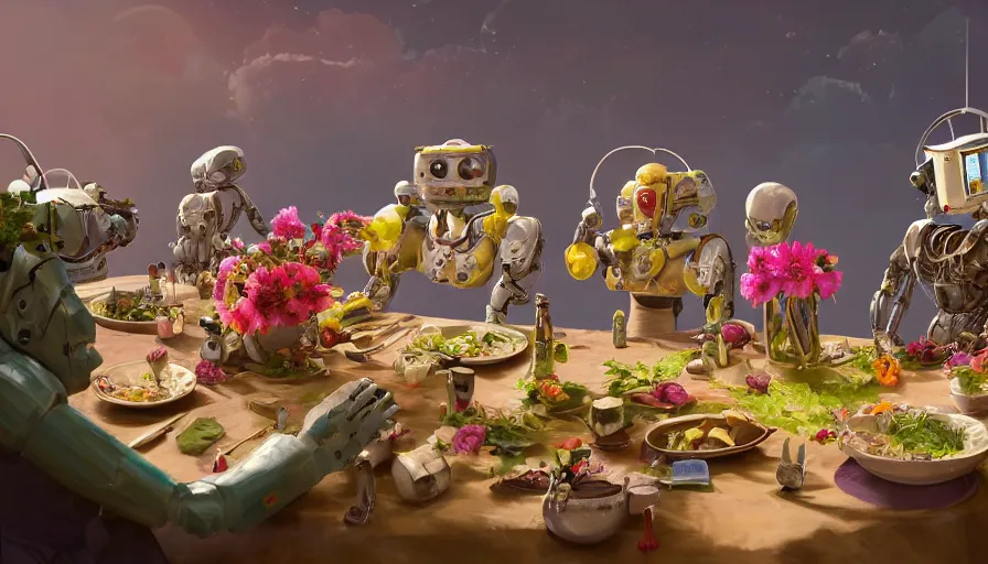 Image similar to a table dinner of robots where robots are dressed like the characters from the midsommar movie wearing flowers, realistic detailed digital art by maxwell boas jessica rossier christian dimitrov anton fadeev trending on artstation cgsociety rendered in unreal engine 4 k hq