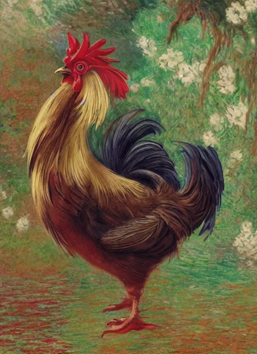 Prompt: a gorgeous paradise rooster japanese art is looking at a bird, ethereal, horror, fantasy art by greg rutkowski and magali villeneuve and claude monet