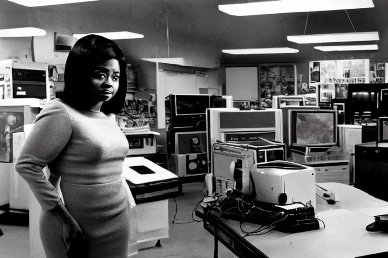 Prompt: cinematic screenshot of octavia spencer in a used electronics store standing in front of an old keyboard, iconic scene from the paranoid sci fi thriller film directed by stanley kubrick, apartment set in the near future, cinematic shot with anamorphic lenses, color theory, apartment design, leading lines, photorealistic, volumetric lighting