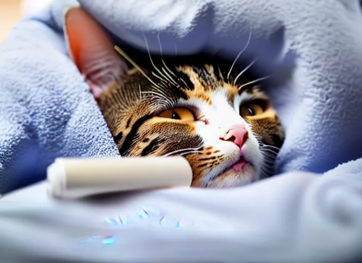 Image similar to Cat sick in bed, sleepy kitty tucked into blankets with a thermometer in its mouth and a cold compress on its forehead, touching, heartwarming, wholesome