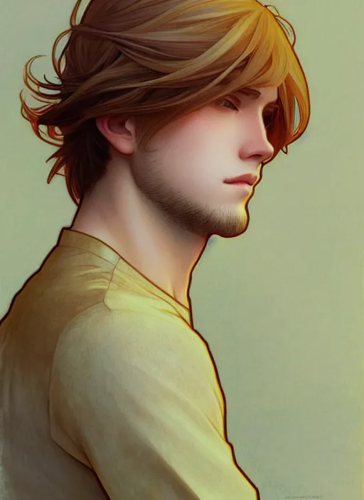 Image similar to pretty young man with shoulder length shiny shimmering golden blond hair, path traced, highly detailed, high quality, digital painting, by studio ghibli and alphonse mucha, leesha hannigan, makoto shinkai, disney