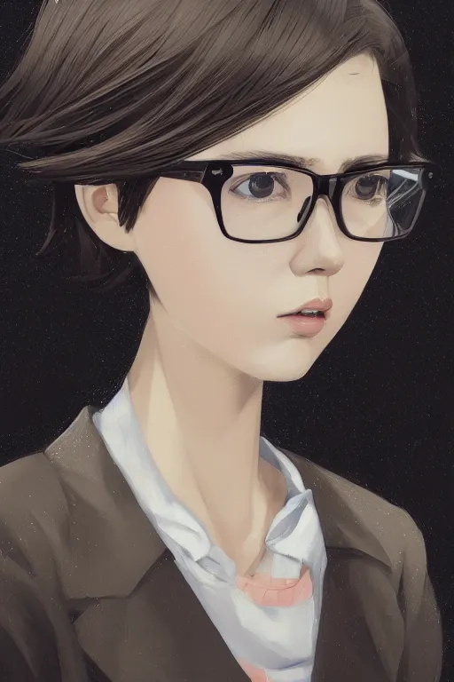 Prompt: Girl with glasses close-up, megane by  ilya kuvshinov • kuvshinov • guweiz • sinix• angelganev • webang111 • bellhenge • autodesk• angel ganev • serafleur • loish • study digital portrait, realism, digital art, girl sketch, light study, akira japanese art, raining, trending on artstation, daily deviation, HQ 4k wallpaper