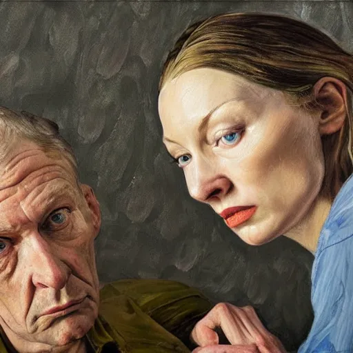 Image similar to high quality high detail painting by lucian freud, hd, cate blanchette thinking deeply, photorealistic lighting