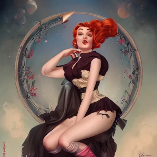 Image similar to a pinup by charlie bowater and anna dittmann and gil elvgren.