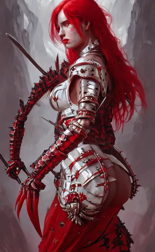 Image similar to Gothic crustacean warrior queen in red and white chitin armor, fantasy, highly detailed, digital painting, artstation, concept art, smooth, sharp focus, illustration, art by artgerm and greg rutkowski and alphonse mucha