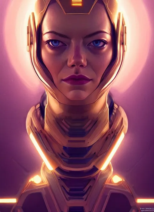 Image similar to symmetry!! portrait of emma stone, gold sci - fi armour, tech wear, glowing lights!! sci - fi, intricate, elegant, highly detailed, digital painting, artstation, concept art, smooth, sharp focus, illustration, art by artgerm and greg rutkowski and alphonse mucha