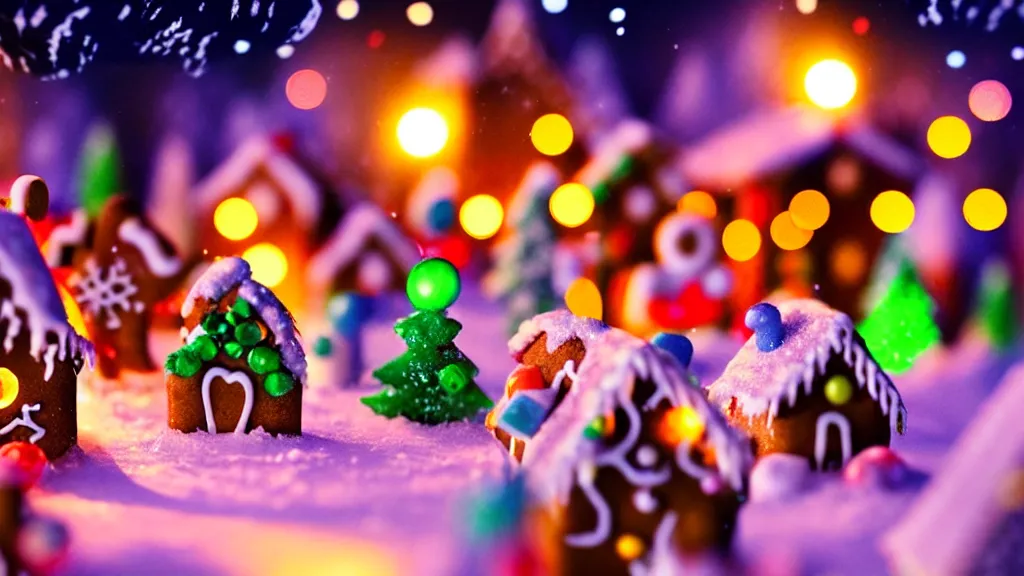 Prompt: closeup of colorful miniature gingerbread candy village at night, fantasy, fairytale, forest, christmas, snow, bokeh, depth of field 1 0 0 mm, cinematic scene, studio quality, visually stunning, unreal engine, octane render, trending on artstation, artgerm, cgsociety