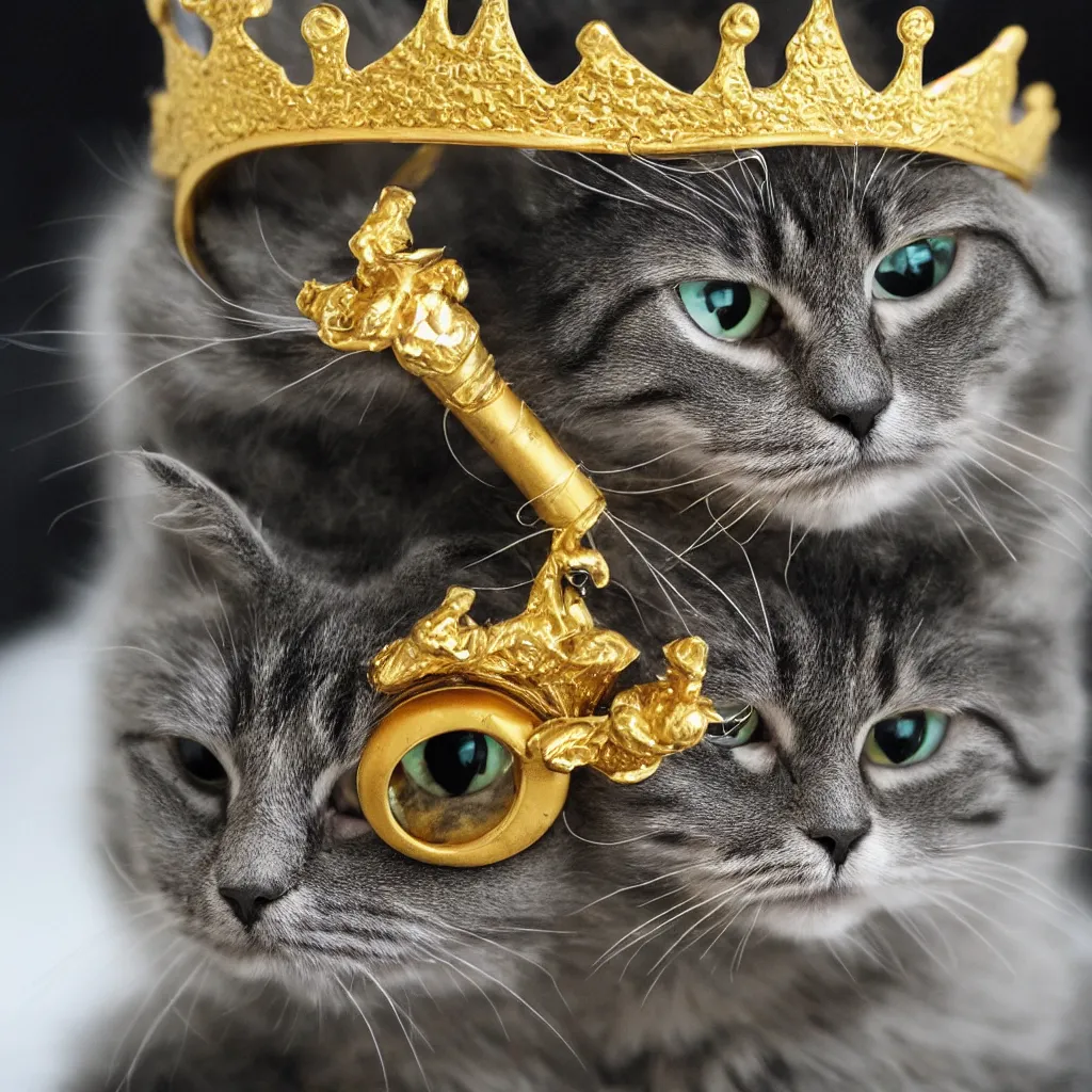 Image similar to a cat wearing an elegant golden crown and black goggles