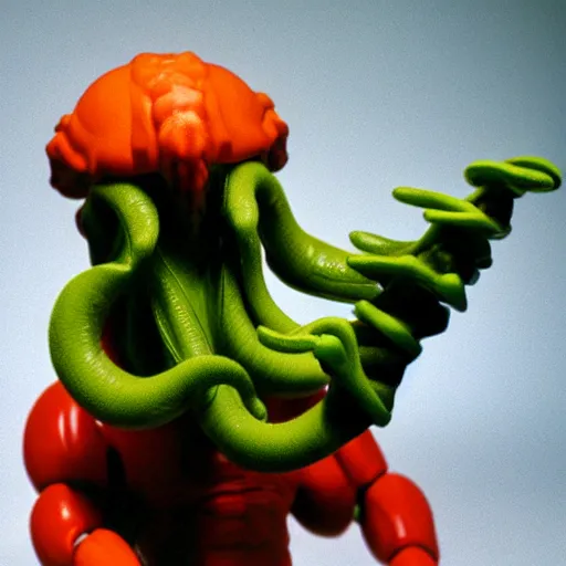 Image similar to 1980s plastic vinyl action figure toy of Cthulu creature with muscular arms, studio photography isolated on a white background