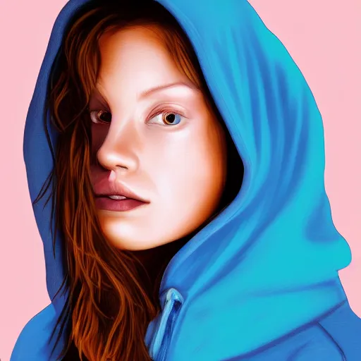 Image similar to highly detailed digital romantic painted portrait of a beautiful woman wearing a hoodie. moody and melanchony. sharp lighting. has a bit of cyan and pink.