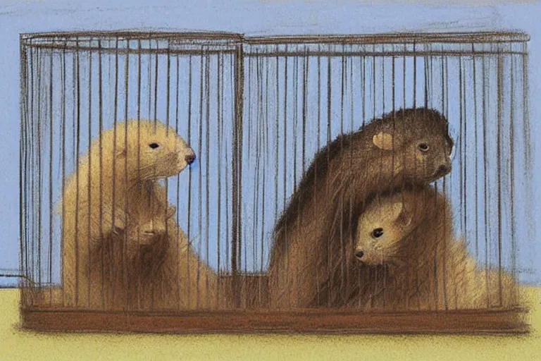 Image similar to a couple of ferrets that are in a cage, a pastel by rosa bonheur, pixiv, incoherents, furaffinity, dye - transfer, creative commons attribution