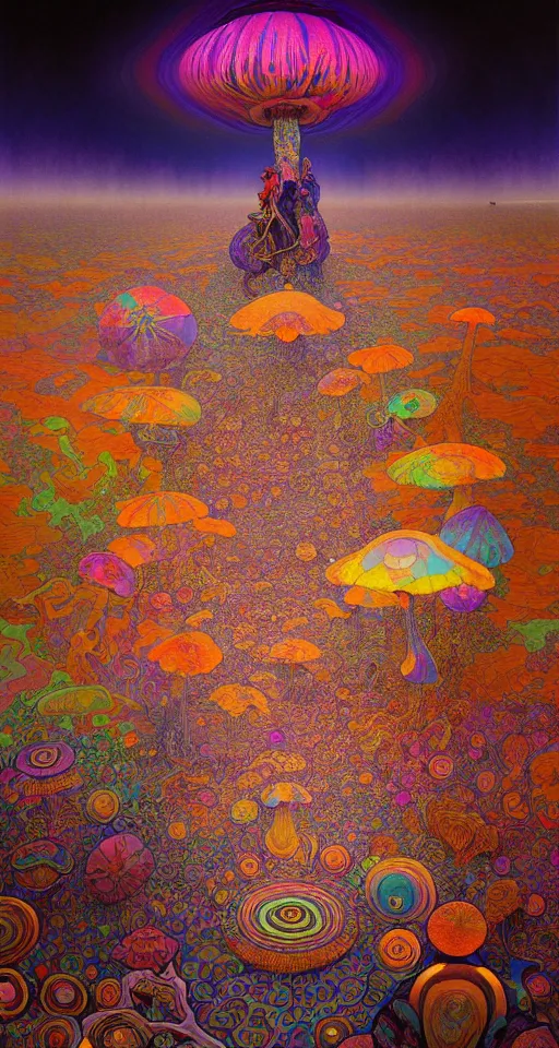 Image similar to An extremely psychedelic painting of the black rock city desert, colorful, surreal, dramatic lighting, magic mushrooms, psilocybin, LSD, detailed, intricate, elegant, highly detailed, digital painting, artstation, concept art, smooth, sharp focus, illustration, art by Krenz Cushart and Artem Demura and alphonse mucha