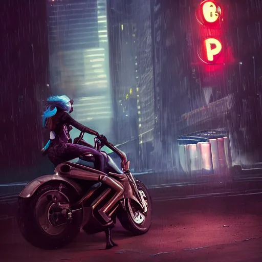 Image similar to ghostpunk woman riding a cyberpunk futuristic motorcycle in the city by eddie mendoza and greg rutkowsi, foggy, dark, moody, volumetric lighting, dirty