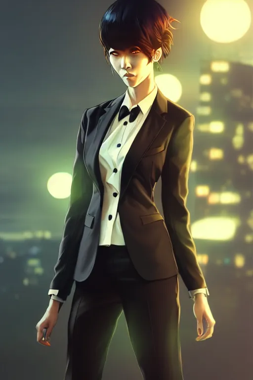 Prompt: a woman in a suit on a beautiful night inspired by ross tran and wlop and masamune shirow and kuvshinov, concept art, intricate, photorealistic, octane render, rtx, hdr, unreal engine, dnd digital art by artgerm