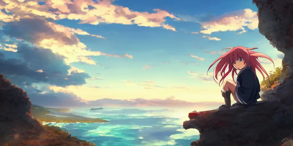 Image similar to isekai masterpiece anime boy sitting on a rock off to the side looking down upon ocean, during dawn, cinematic, very warm colors, intense shadows, anime illustration, anime screenshot composite background