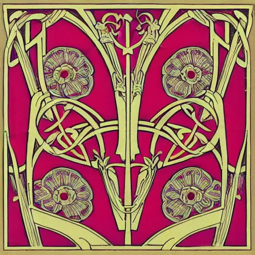 Image similar to symmetrical mural painting from the early 1 9 0 0 s in the style of art nouveau, red curtains, art nouveau design elements, art nouveau ornament, scrolls, flowers, flower petals, rose, opera house architectural elements, mucha, masonic symbols, masonic lodge, joseph maria olbrich, simple, iconic, masonic art, masterpiece, trending on artstation