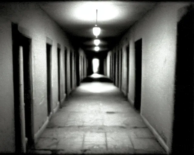 Image similar to dark abandoned hallway at night with eldritch horror, letterboxing, widescreen, 40mm tape, technicolour film, grainy, horror