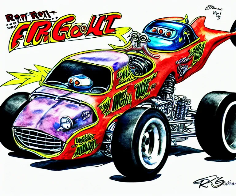 Image similar to roth's drag nut fuel, a pigeon driving a mega - suped - up - hotrod, oversized engine, ratfink style, ed roth, centered, watercolor pen illustration