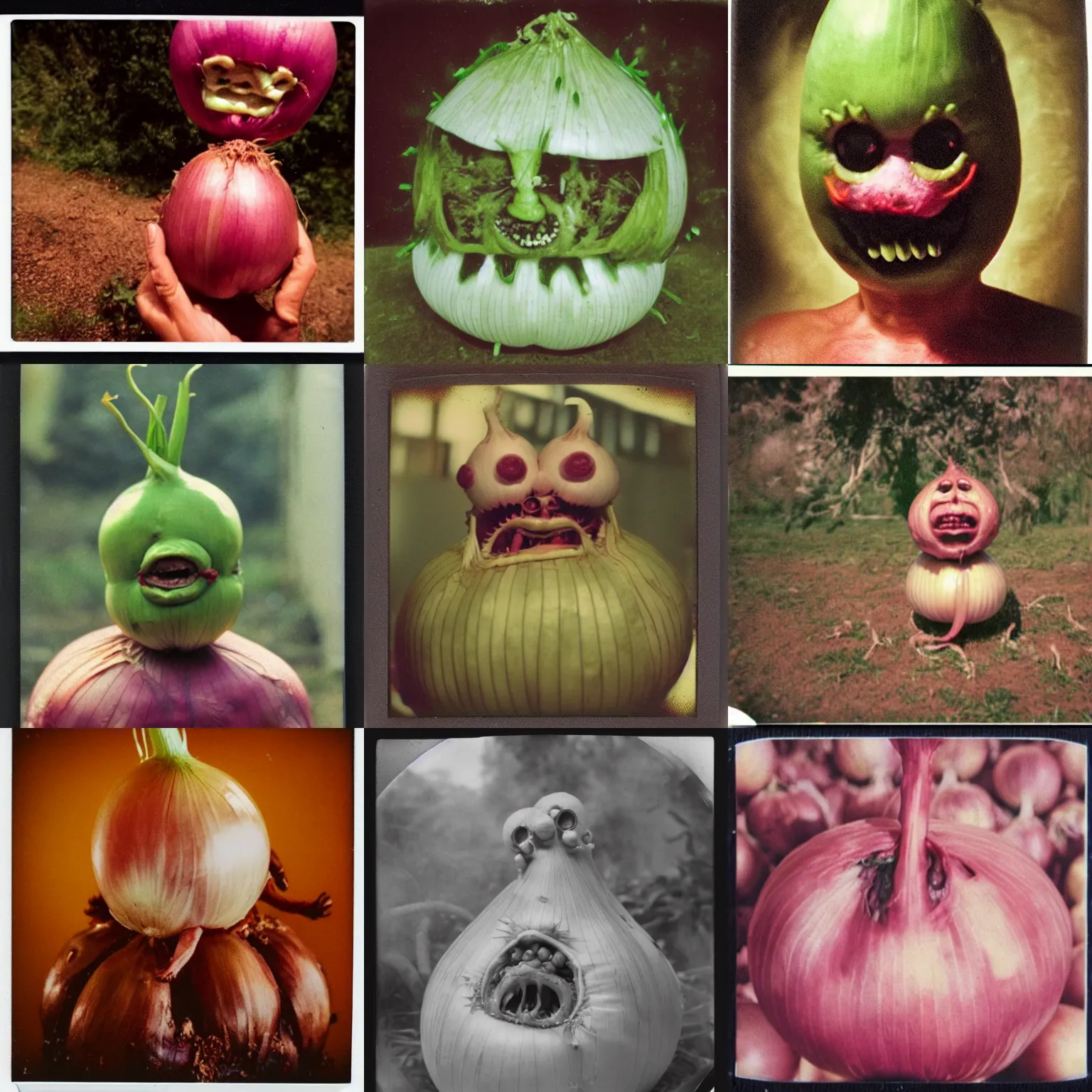 Prompt: polaroid photo of onion devil, human onion hybrid, pulsating mash of onions and writhing flesh, horror scene